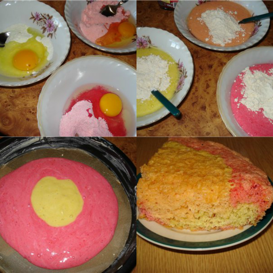 Разноцветный пирог из трех видов киселя.