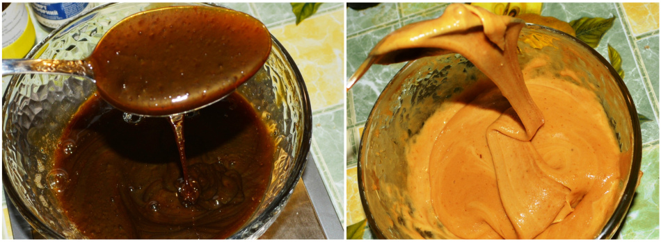 Φωτογραφία στα αριστερά - ένα έτοιμο ζεστό μείγμα, φωτογραφία στα δεξιά - ένα τελικό μείγμα μετά την ψύξη