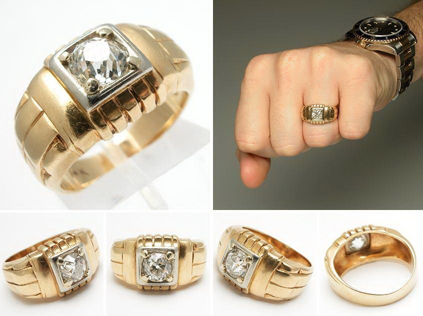 Χρυσό δαχτυλίδι για έναν άνδρα με απλό σχέδιο, αλλά επίσης διαστρεβλωμένο με πέτρες