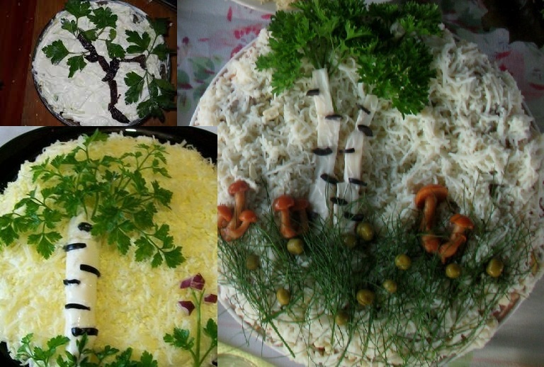 Разные способы декора готового салата (березка из майонеза или чернослива)