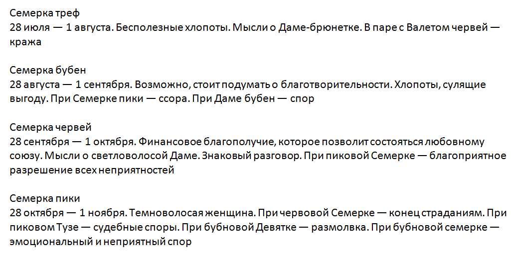 Значение и временной промежуток события для семерок всех мастей