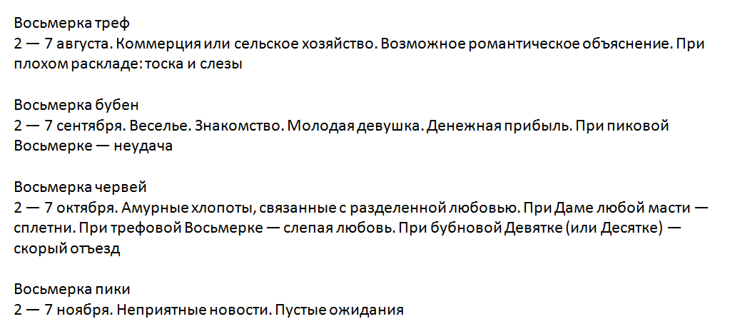 Значение и временной промежуток события для восьмерок всех мастей