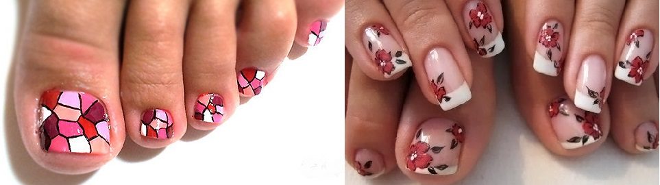 Педикюр с узором и цветами