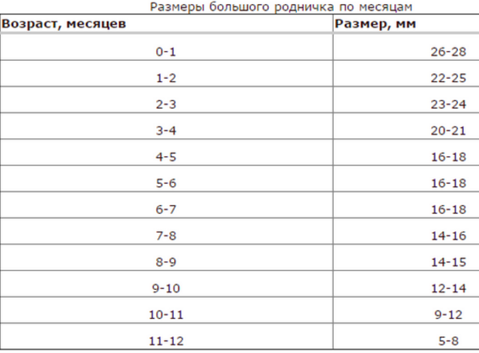 Размеры большого родничка по месяцам