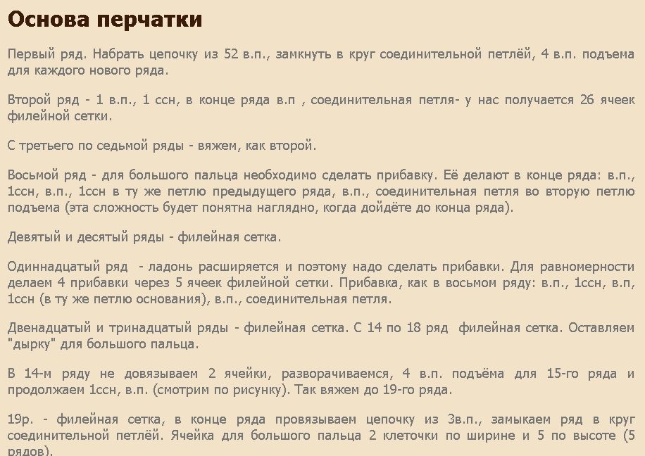 Описание вязания основы перчатки