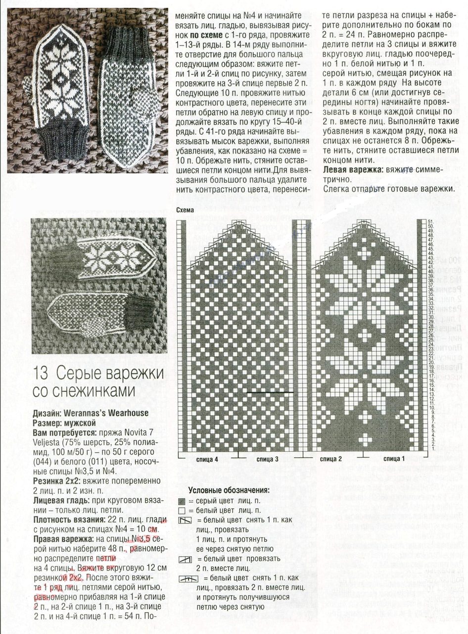 Описание вязания варежек со снежинками спицами, пример 1