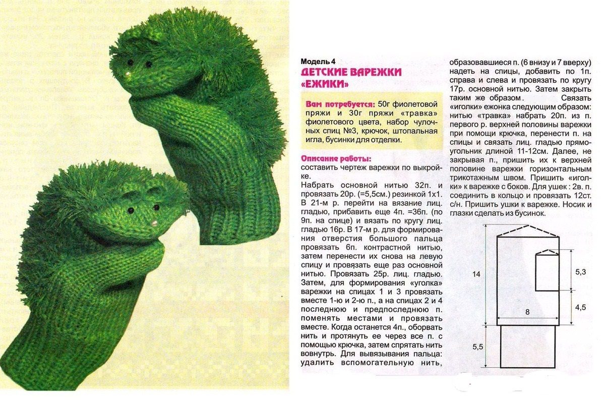 Описание работы по вязанию спицами варежек-ежиков для детей
