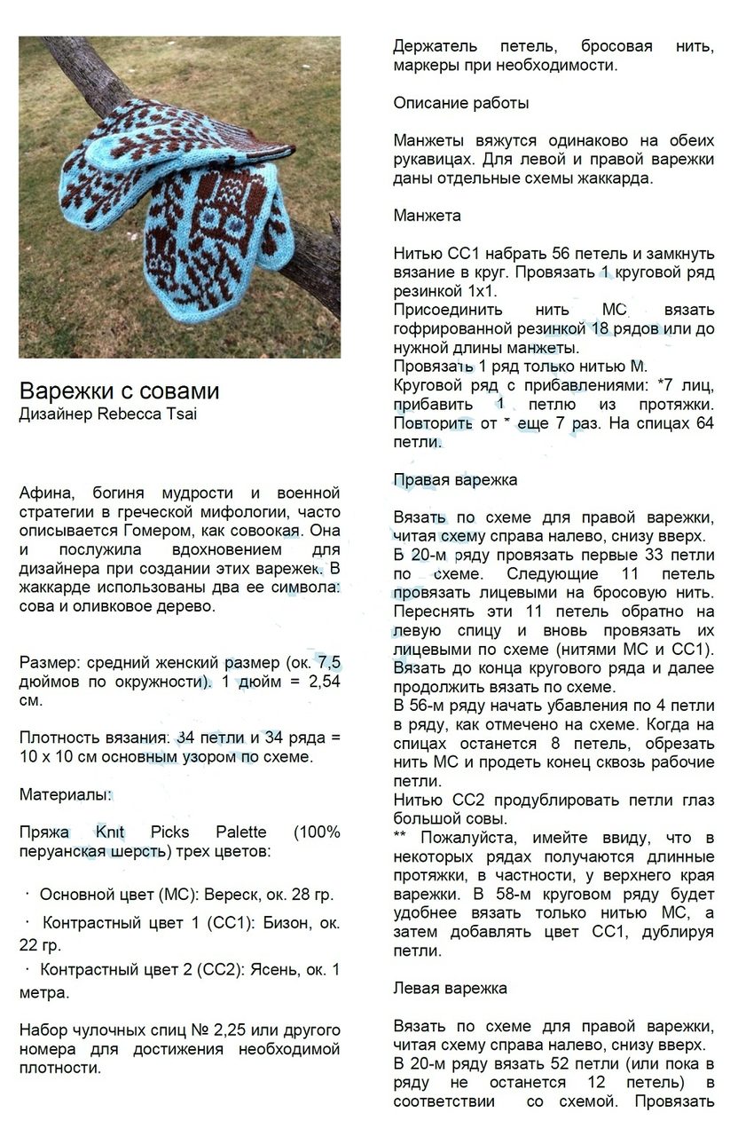 Описание работы над созданием детских варежек с рисунком совы спицами