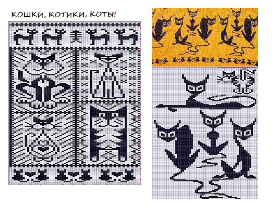 Рисунок для вязания спицами котов на варежках для детей, вариант 3