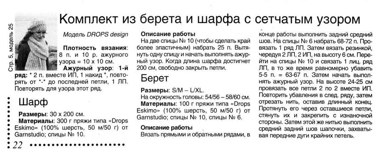 Описание работы для вязания спицами женского ажурного берета, вариант 1