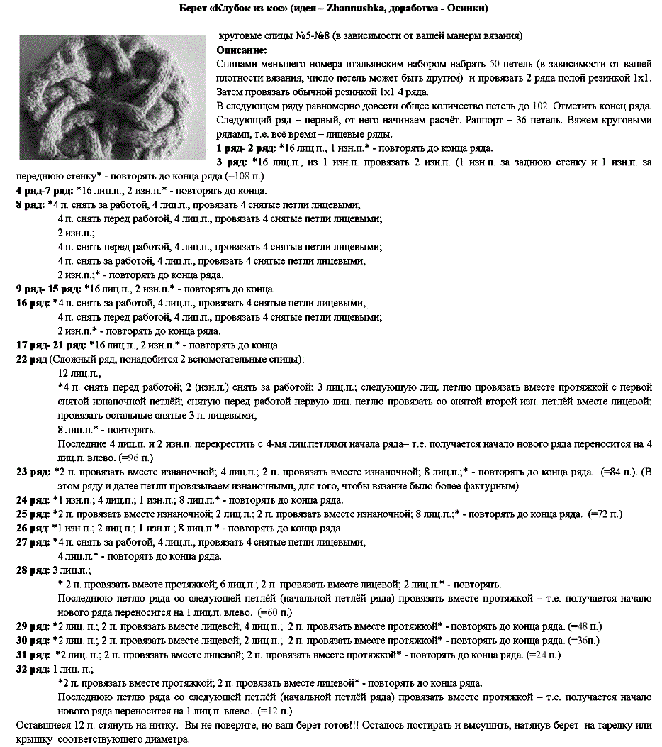 Описание вязания женского берета с косами, вариант 2