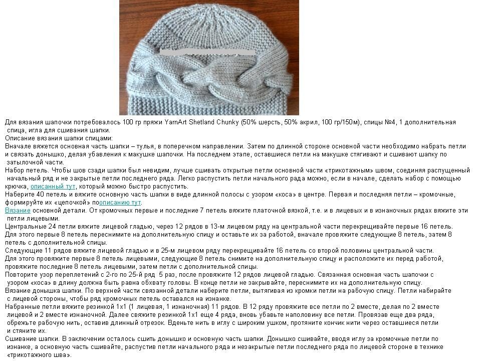 Описание вязания женской шапки платочным узором с косой