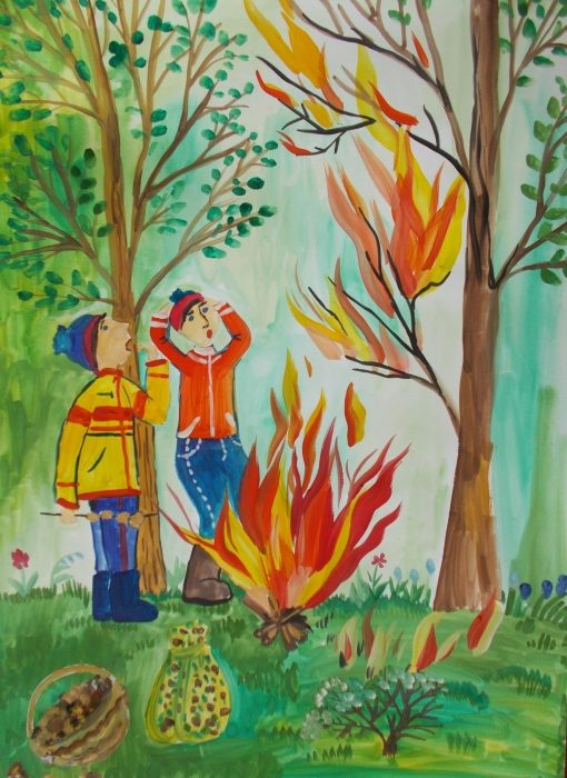 Рисунок школьника "берегите лес от пожара".