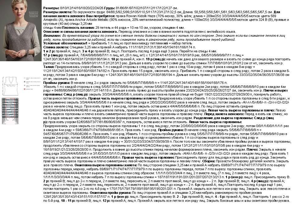 Схема и описание вязания спицами женского жилета из мохера