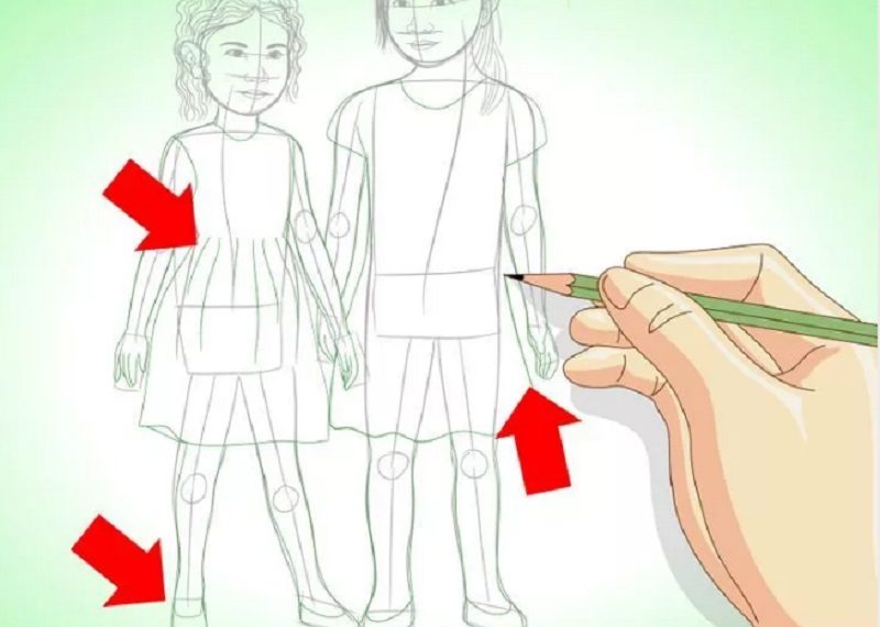 Как нарисовать маму с дочкой в разных платьях?
