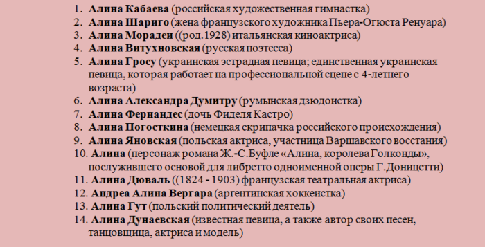 Известные люди, знаменитости с именем алина