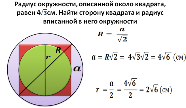 Как найти площадь квадрата вписанного в окружность с заданным радиусом?