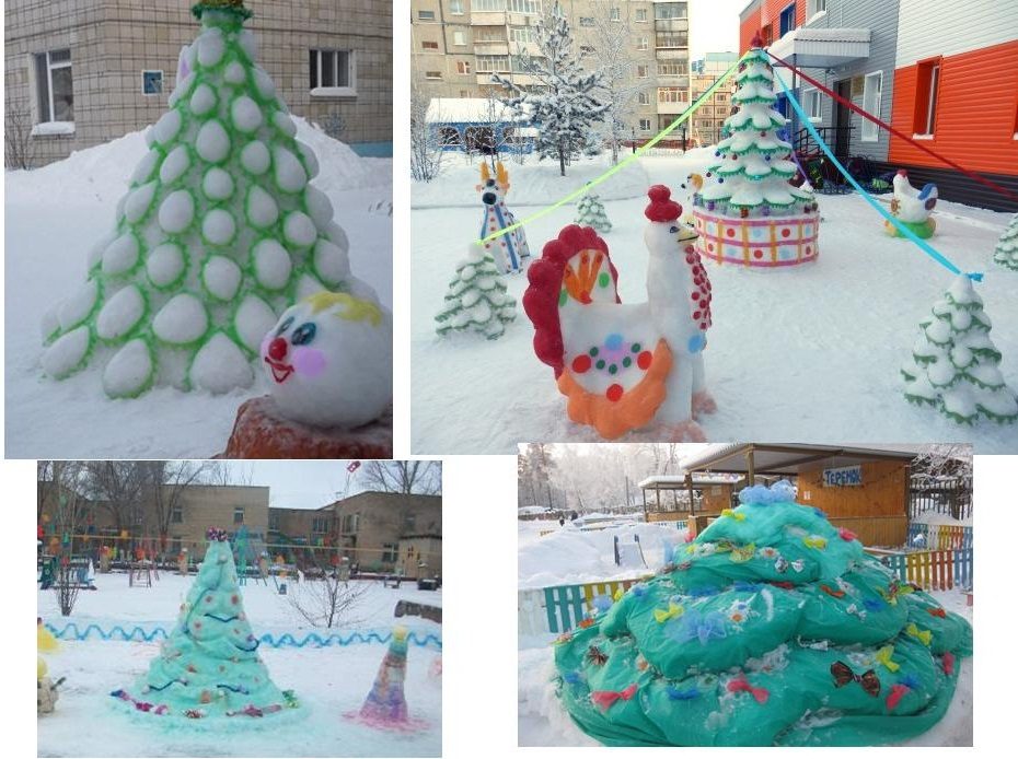 Фото-коллаж их елочек, вылепленных из снега