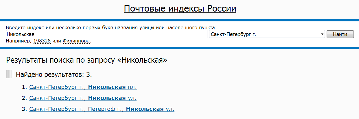 Результаты поиска по запросу на сайте почтовые индексы россии