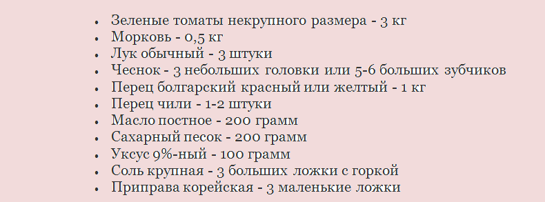 Ингредиенты для зеленых резаных помидор по-корейски с приправой - самый вкусный рецепт в банках на зиму