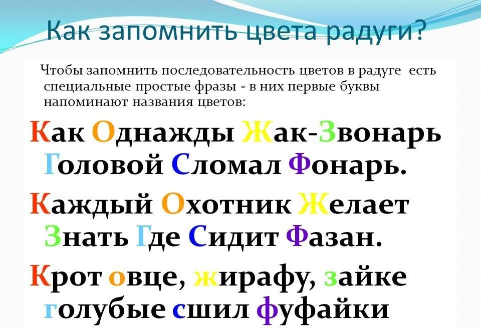 Стишки для запоминания цветов радуги