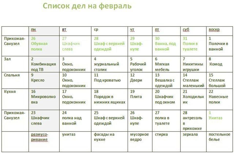 Заполненный лист контрольного журнала флай леди, пример 2