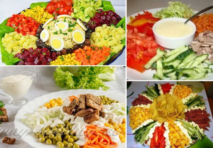 Праздничная и красивая подача салата: горками, дольками, лепестками, с соусом в отдельной посуде