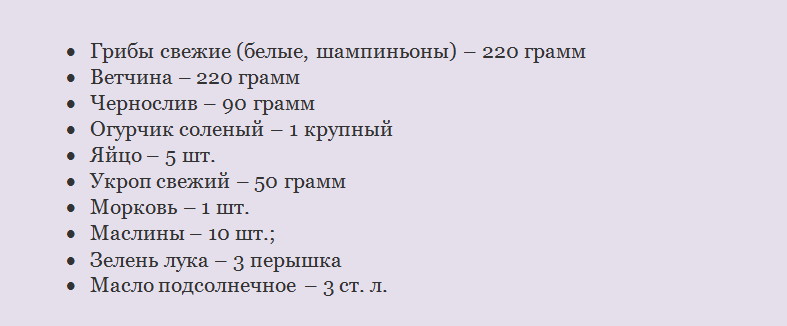 Ингредиенты к салату «прага» с ветчиной и грибами шампиньонами