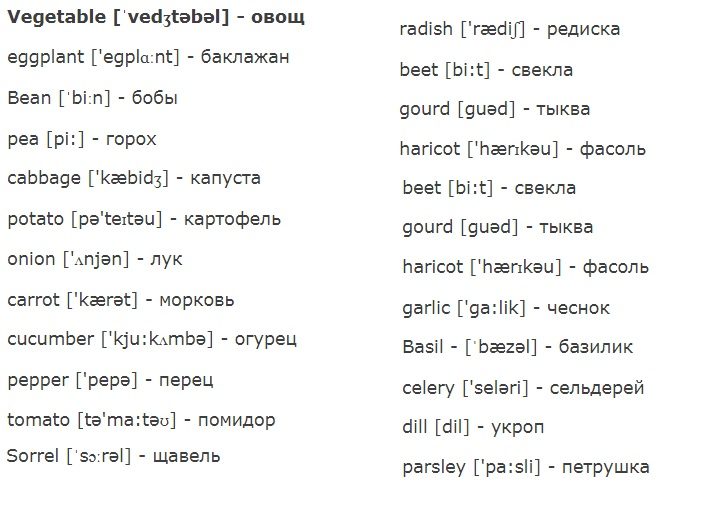 Лексика темы "овощи и фрукты"