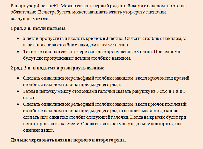 Описание вязки узора зефирка