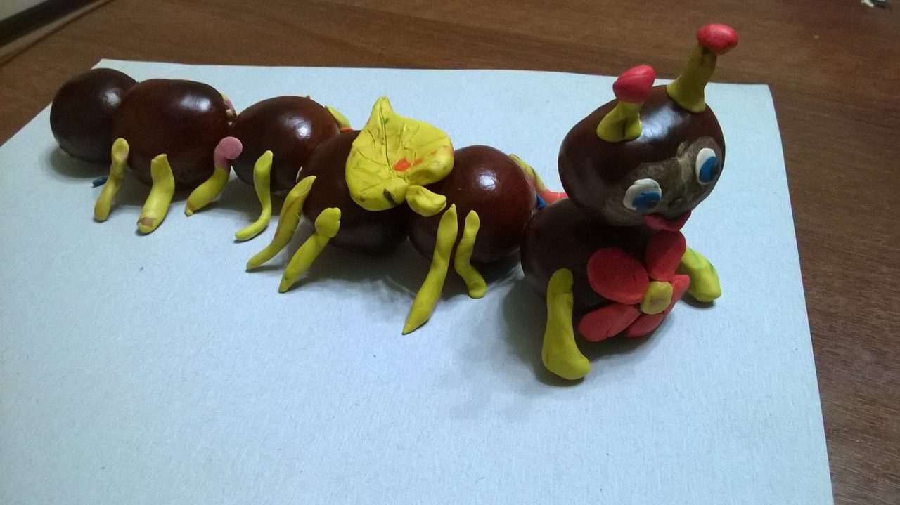 Поделка гусеница из шишек, каштанов, желудей