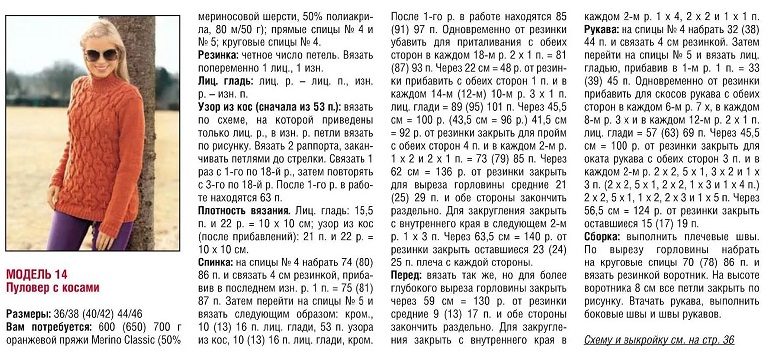 Схема вязания женского свитера с узором косы