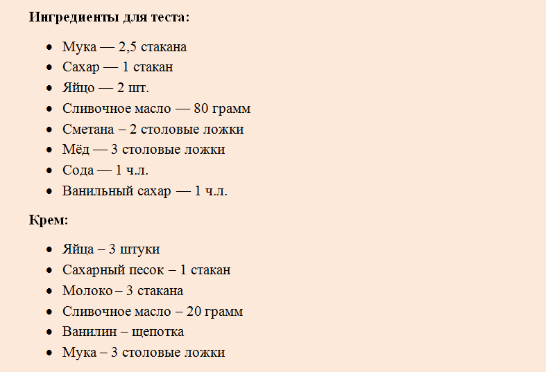 Продукты для приготовления медового торта