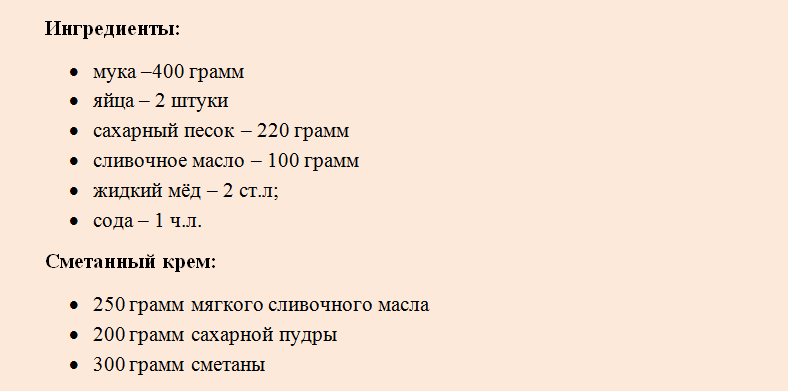 Необходимые продукты для выпечки «медовика»