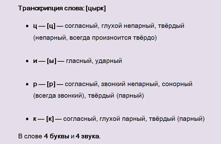 Фонетический разбор слова «цирк»