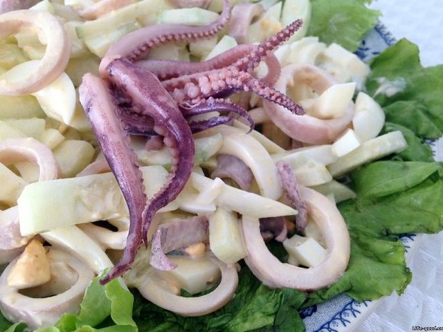 11 самых вкусных салатов с кальмарами: с луком и яйцом, чесноком и плавленым сыром, огурцами и без майонеза, капустой и кукурузой, зеленью и твердым сыром, шампиньонами, курицей, крабовыми палочками, зеленным горошком, рисом, в чесночном соусе