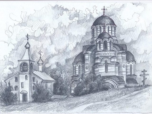 Как нарисовать старинную церковь, храм, собор карандашом поэтапно?