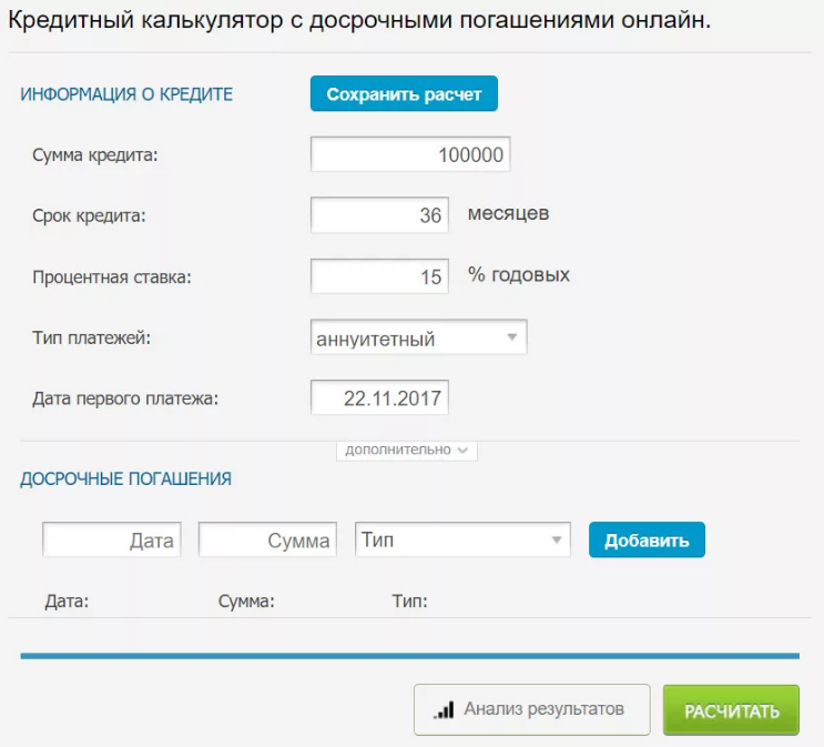 Калькулятор досрочного погашения кредита