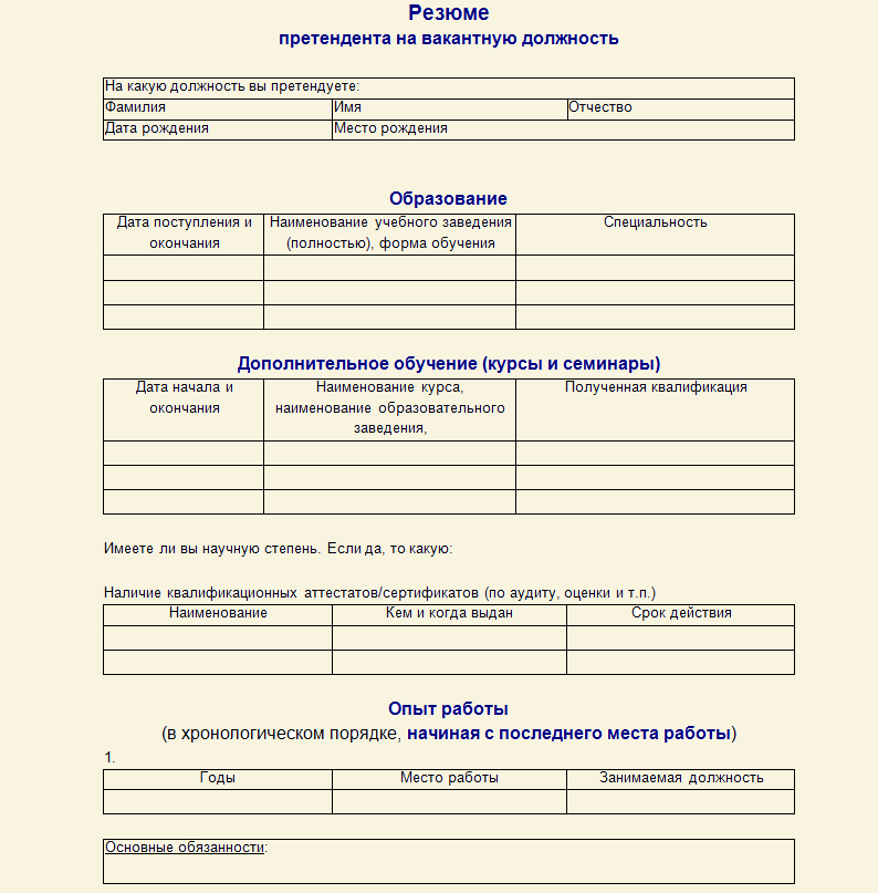 Резюме для устройства на работу