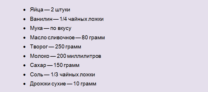 Список продуктов для ватрушки из творожного теста
