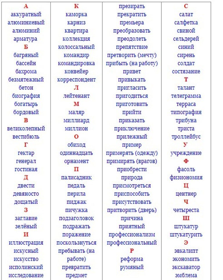 Словарные слова 6 класс