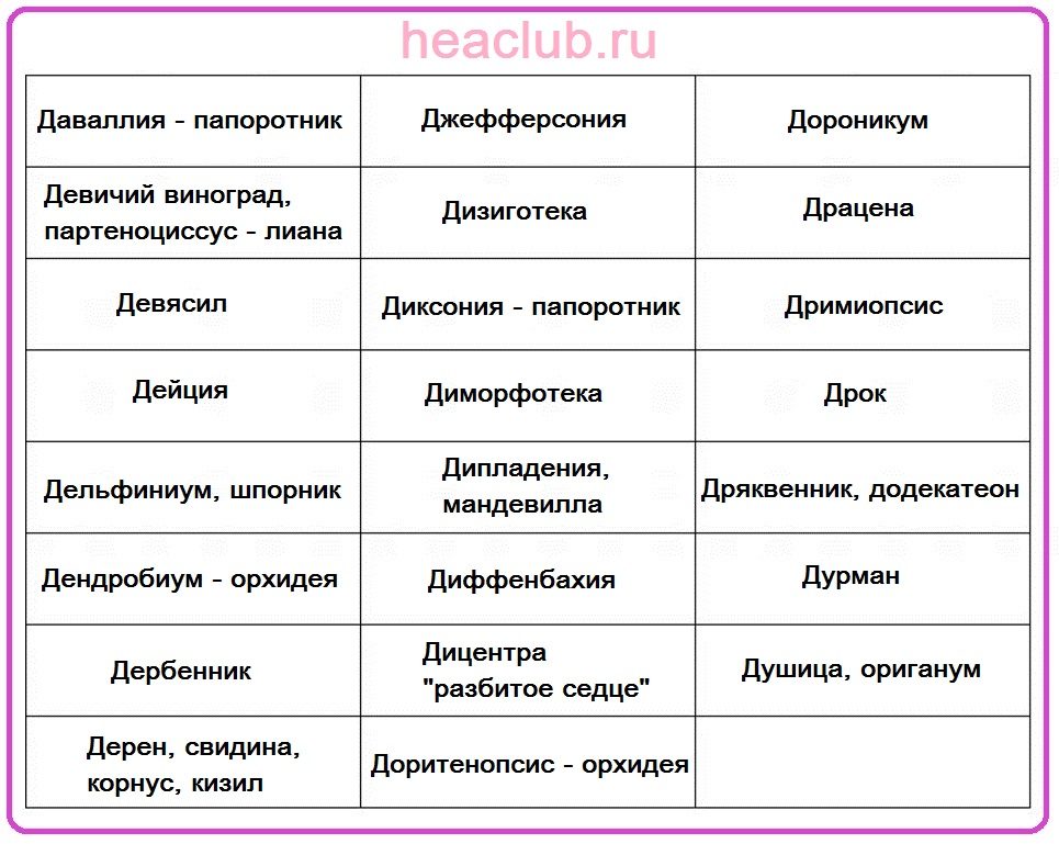 Названия цветов на "д" таблица