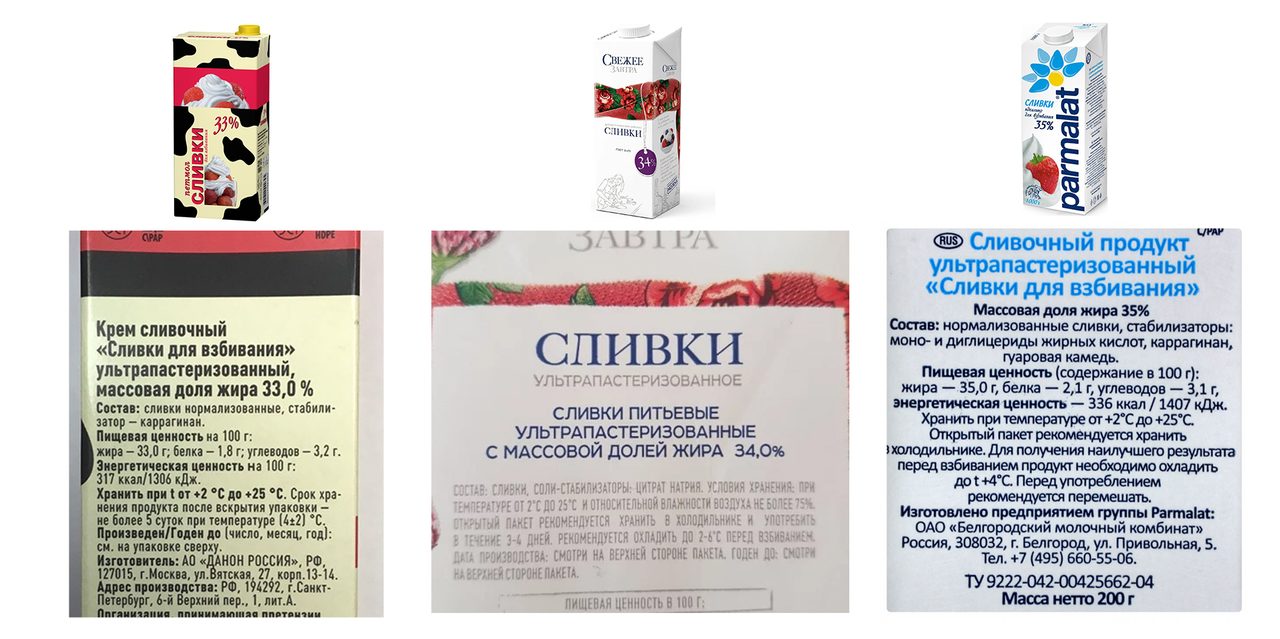 Всегда ознакамливайтесь с составом и жирностью сливок