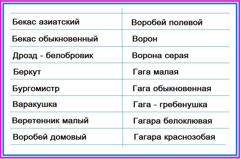 Птицы тундры - таблица