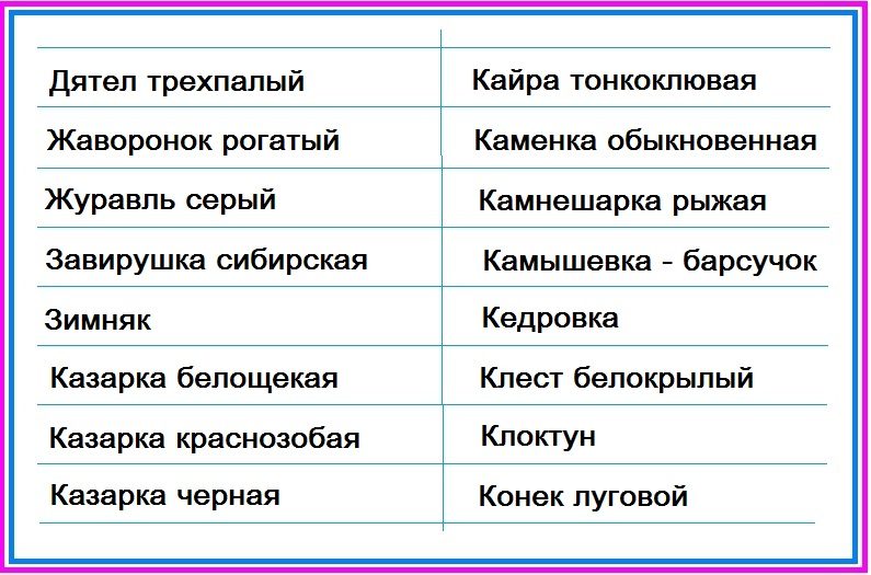 Птицы тундры - таблица