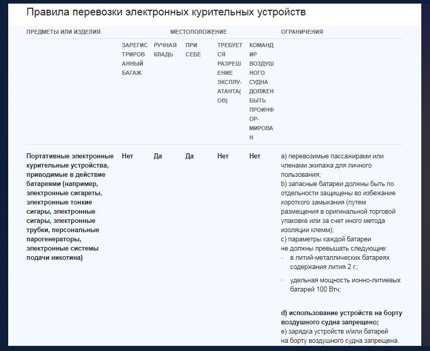 Правила аэрофлота об электронных сигаретах