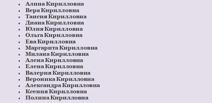 Список имен, подходящих к отчеству кирилловна