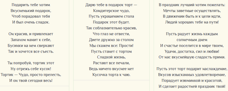 Слова к вручению сладкого подарка с тортом