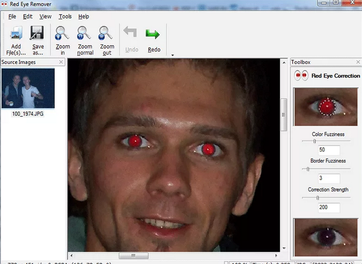 Сначала на фотографии выделите зрачки, потом используйте effect — photo — red eye removal