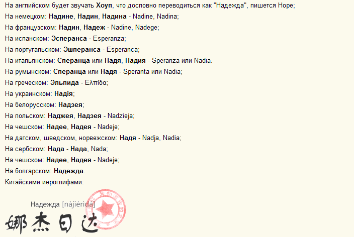 Имя надежда на английском, латинском, разных языках